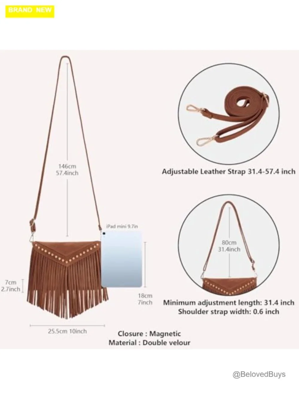 Fringe Hobo Crossbody Bag in Faux Suede with Tassels and Adjustable Strap